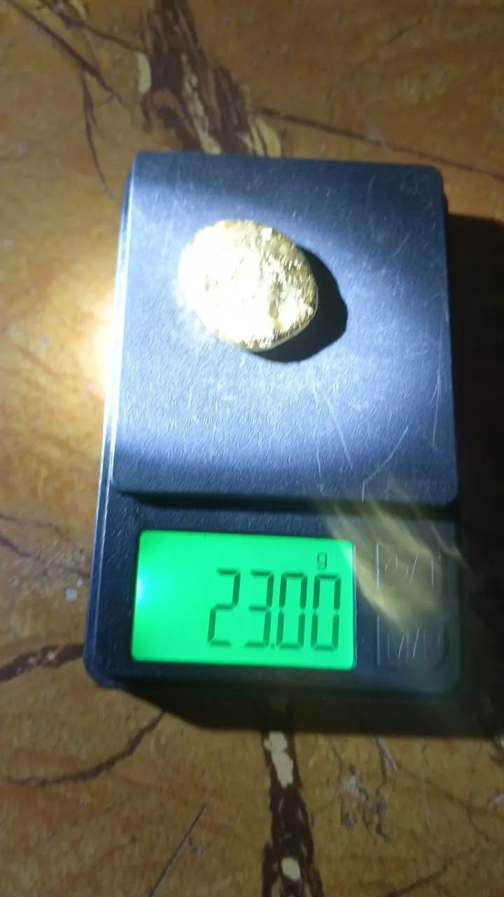 A gold nugget on a digital pocket scale reading 23.00 grams