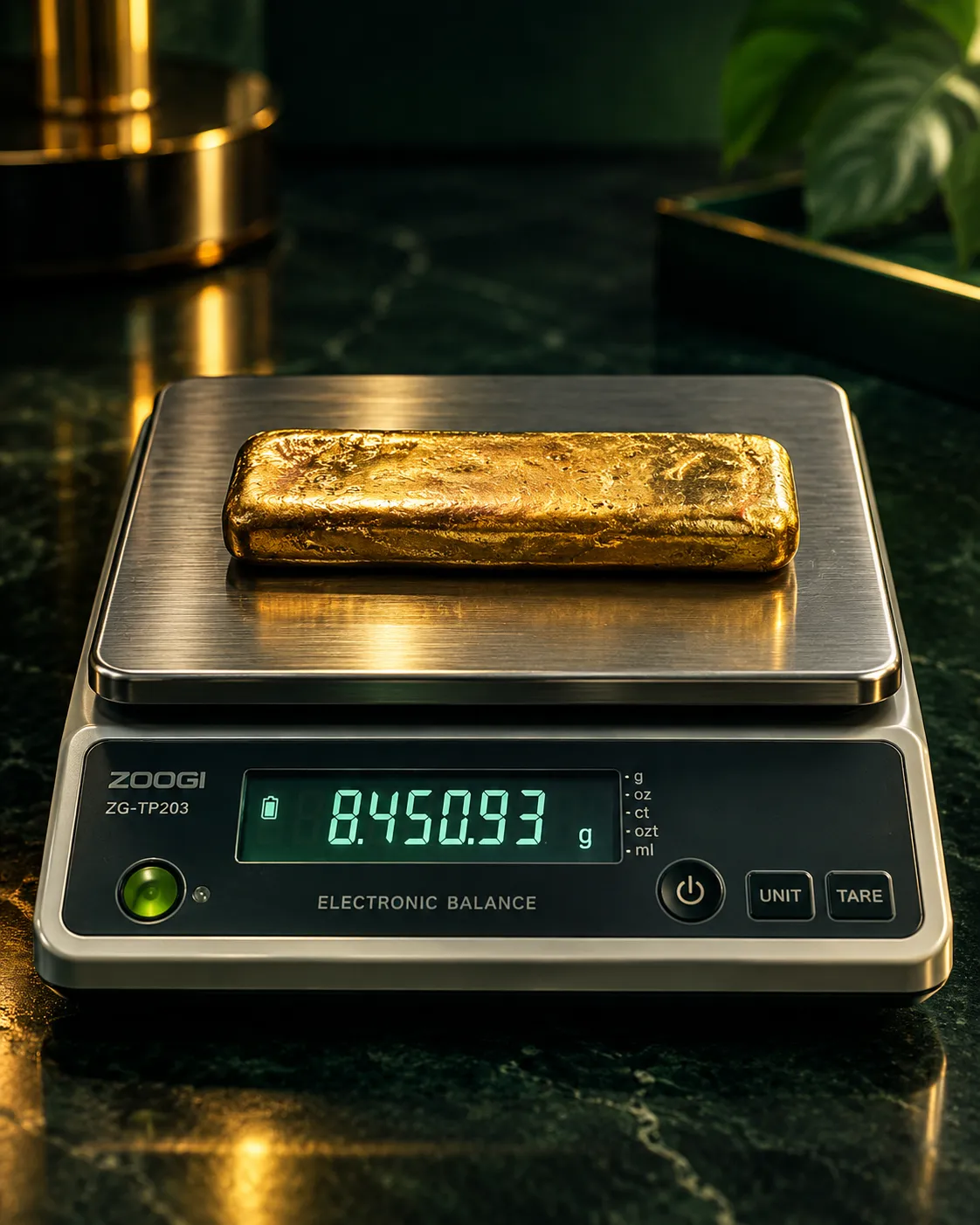 A poured gold doré bar produced by Ayotaye Minerals, resting on an electronic balance